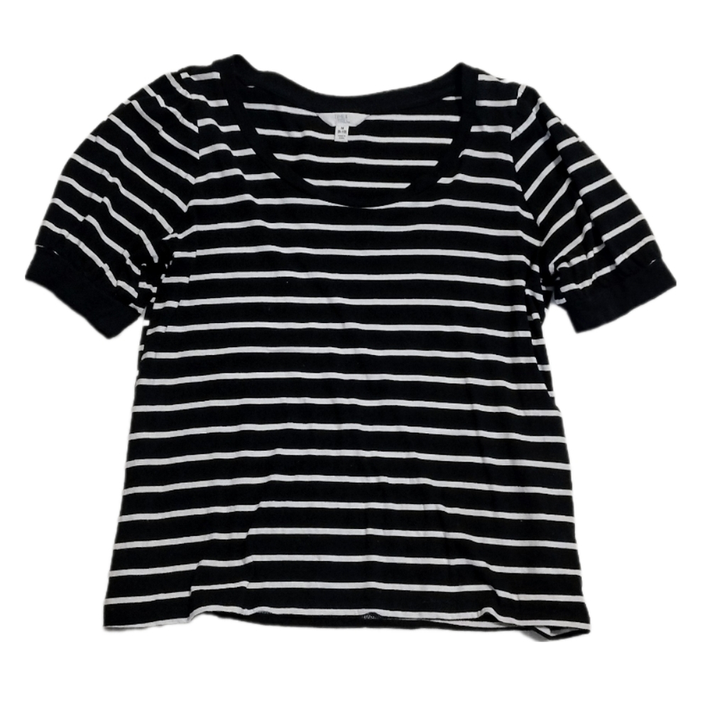 Time & Tru Black & White Striped Puff Sleeve Top